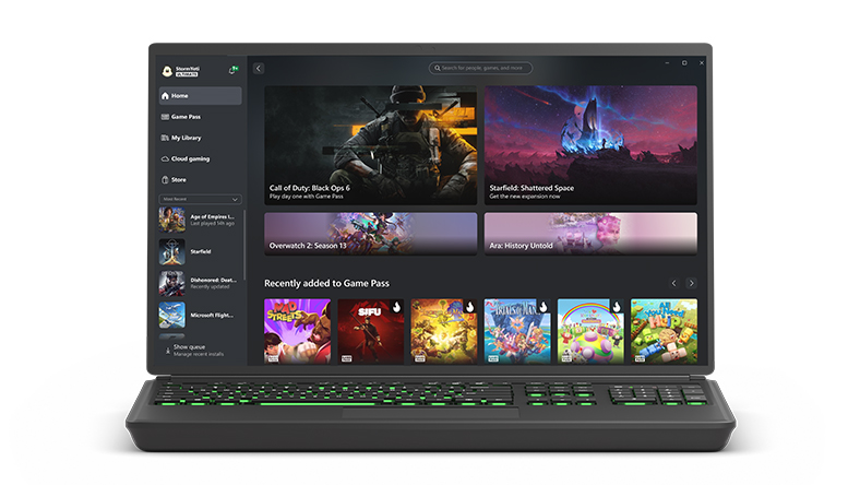 A laptop showing the Xbox app on Windows PC user interface.
