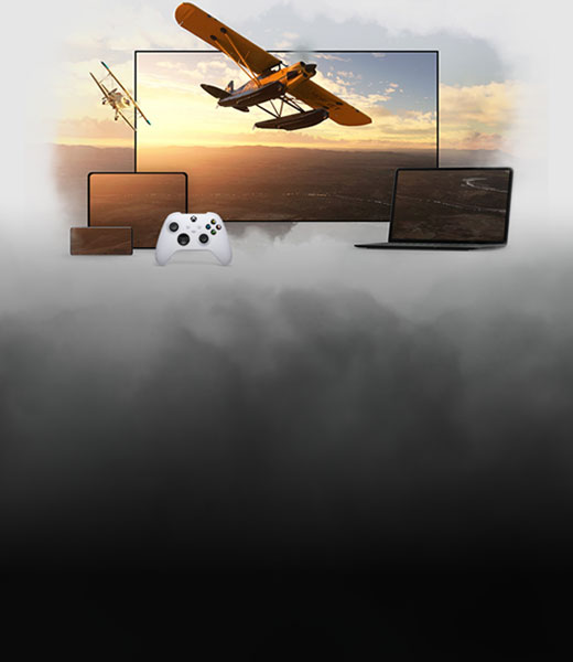 Microsoft Flight Simulator gameplay appears across multiple device screens, including a laptop, TV, phone, and tablet