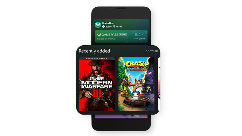 A mobile phone showing the Xbox mobile app user interface.
